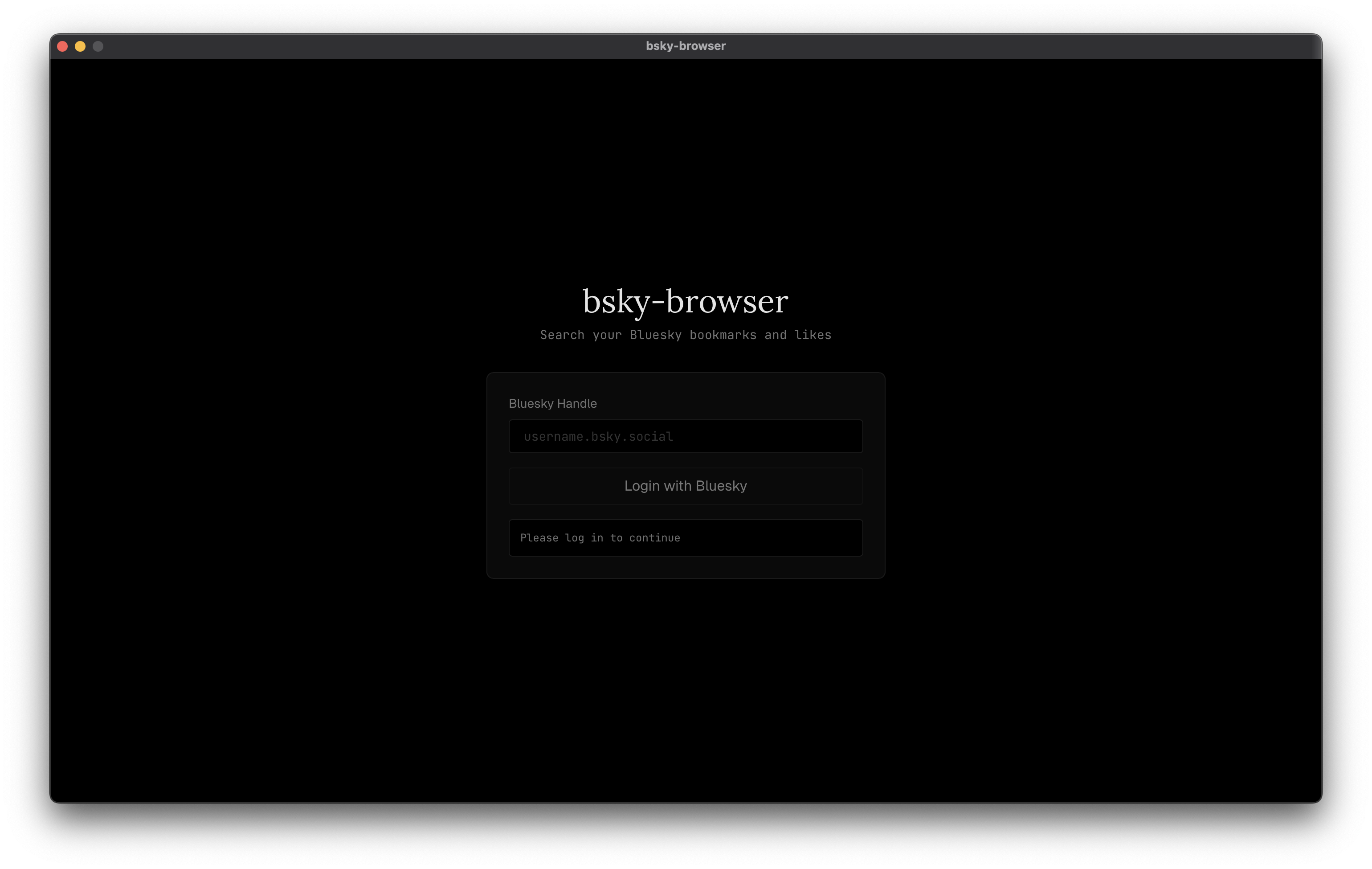 login screen showing the Bluesky handle field, authentication button, and dark desktop styling