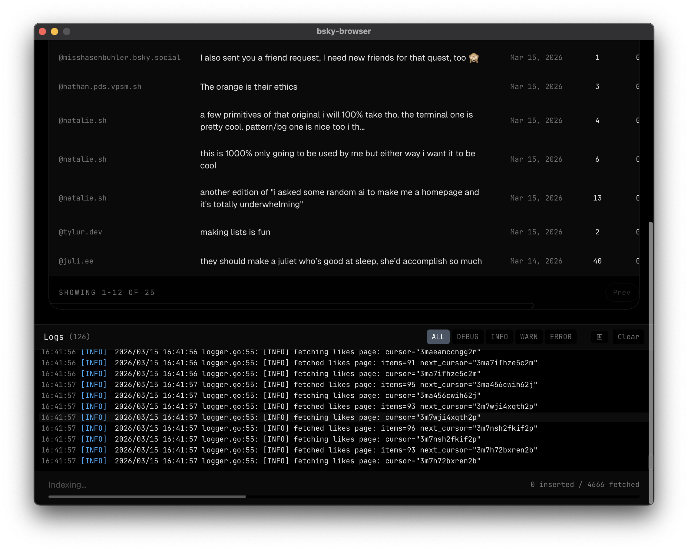 bottom progress bar and log viewer during an active indexing run with info, warn, and error lines visible