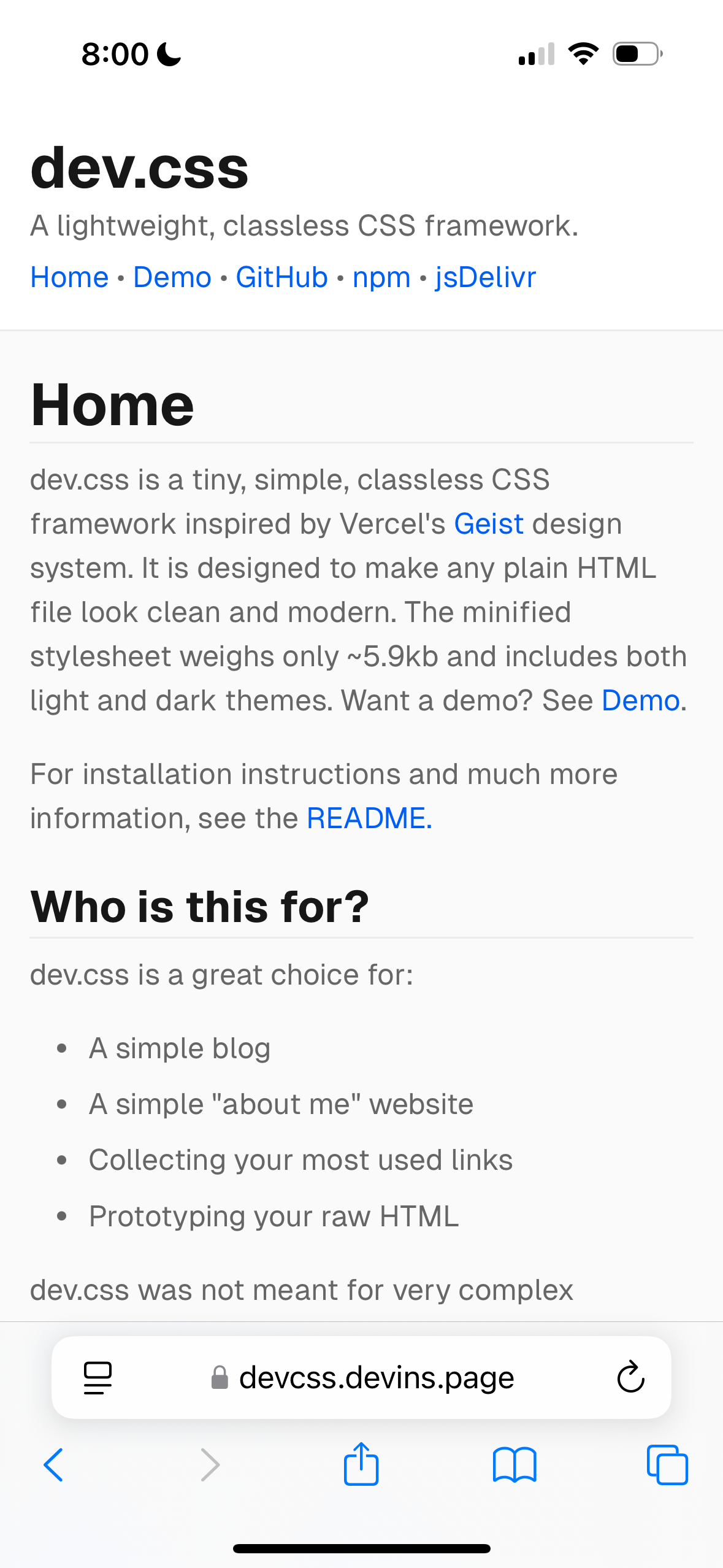 dev.css mobile demo, light mode